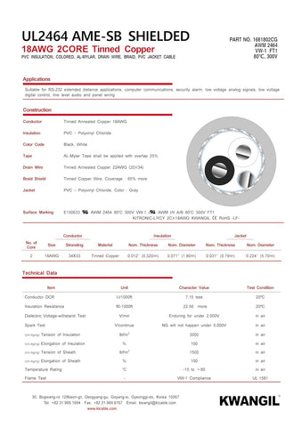 AMESB 18AWG 2C Shielded Cable Wire (UL2464) - Flexible Str TC, PVC Ins, OS+Drain+TC BRD, PVC JKT for CNC Machine, Stepper Motor, VFD Spindle