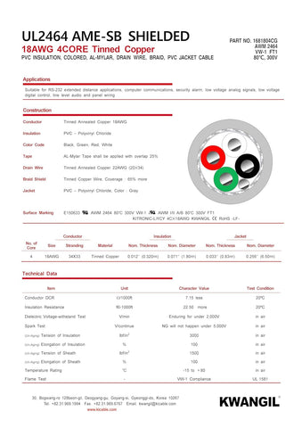 AMESB 18AWG 4C Shielded Cable Wire (UL2464) - Flexible Str TC, PVC Ins, OS+Drain+TC BRD, PVC JKT for CNC Machine, Stepper Motor, VFD Spindle