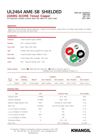 AMESB 22AWG 4C Shielded Cable Wire (UL2464) - Flexible Str TC, PVC Ins, OS+Drain+TC BRD, PVC JKT for CNC Machine, Stepper Motor, VFD Spindle