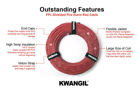 Fire Alarm Cable Wire (FPL) 16AWG 2C Shielded Solid 100% Copper (UL) Certified Red - Sol BC, PVC Ins, AL-Mylar+Drain, PVC JKT, CM for Fire Alarm Monitor/Detection Circuits