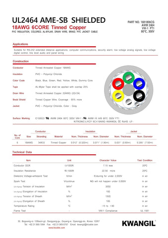 AMESB 18AWG 6C Shielded Cable Wire (UL2464) - Flexible Str TC, PVC Ins, OS+Drain+TC BRD, PVC JKT for CNC Machine, Stepper Motor, VFD Spindle