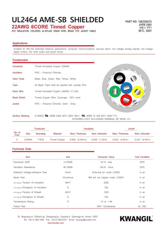 AMESB 22AWG 6C Shielded Cable Wire (UL2464) - Flexible Str TC, PVC Ins, OS+Drain+TC BRD, PVC JKT for CNC Machine, Stepper Motor, VFD Spindle