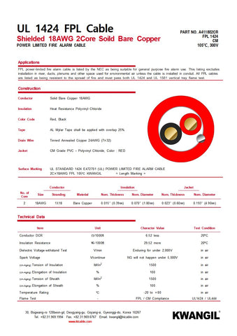 Fire Alarm Cable Wire (FPL) 16AWG 2C Shielded Solid 100% Copper (UL) Certified Red - Sol BC, PVC Ins, AL-Mylar+Drain, PVC JKT, CM for Fire Alarm Monitor/Detection Circuits
