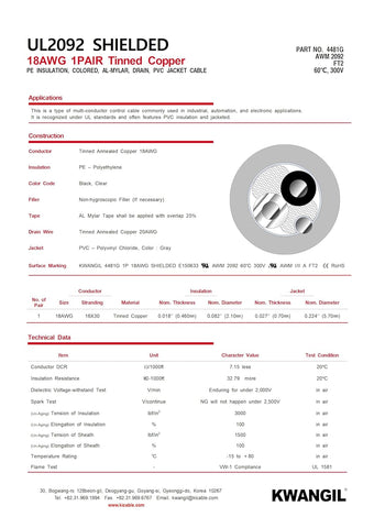 18AWG 1Pr Foil Shielded Cable Equal to Belden 8760 Str TC, PE Ins, Indiv., PVC JKT, CM for Audio, Control, Instrumentation, Low Voltage Analog Signals & Digital Control, Computer Grey 100FT