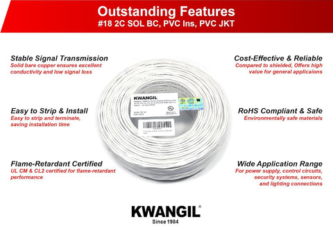 CL2 SOL BC 18AWG 2C Unshielded White Cable for General Purpose Low Voltage LED in-Wall Cable Sunlight Resistant 500FT