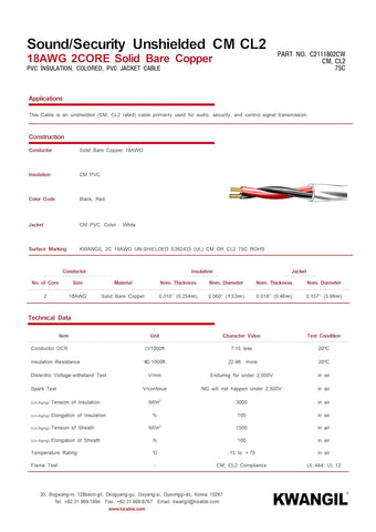 CL2 SOL BC 18AWG 2C Unshielded White Cable for General Purpose Low Voltage LED in-Wall Cable Sunlight Resistant 500FT